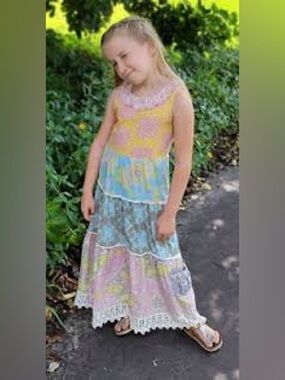 Mustard Pie Girls Size 10 Boho Patchwork Tiered Maxi Dress Lace Trim size 10